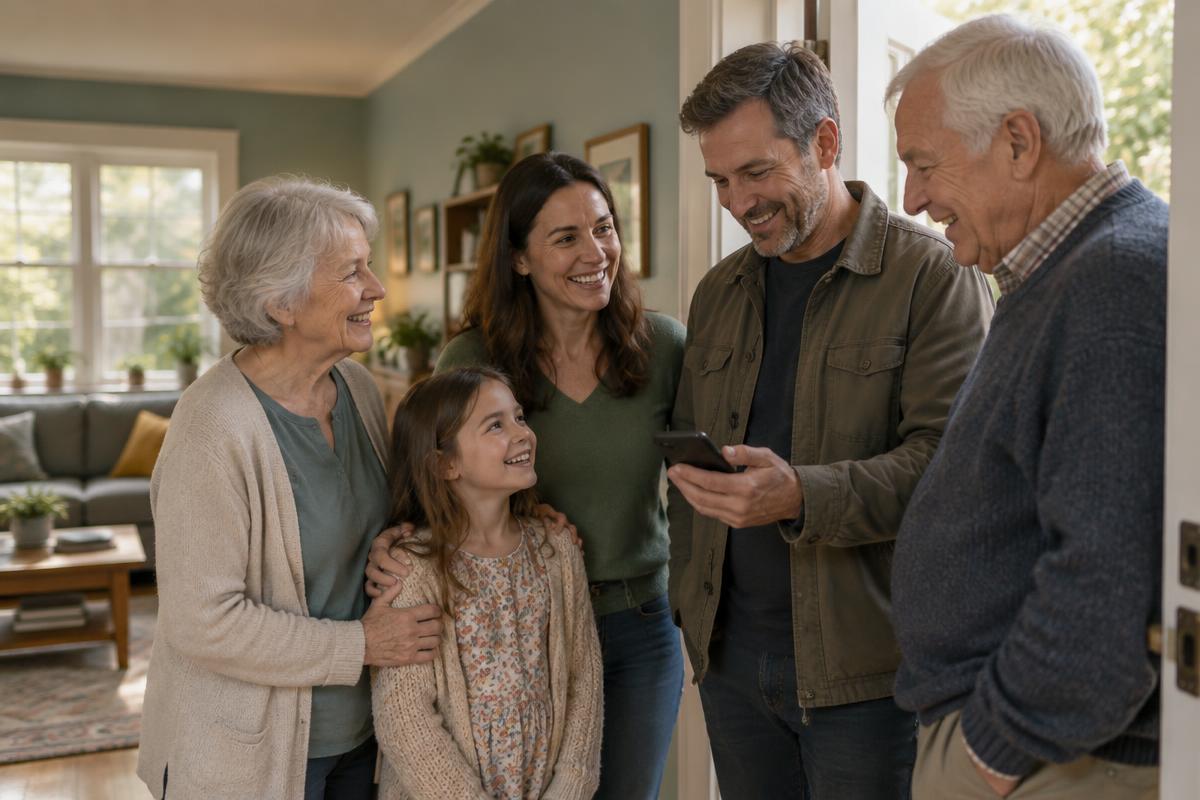Familie und Nachbar stehen zusammen im Wohnzimmer und schauen gemeinsam auf ein Handy
